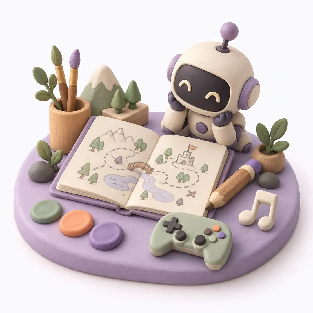 Illustration of an AI partner planning a game with a map and drawing tools spread out